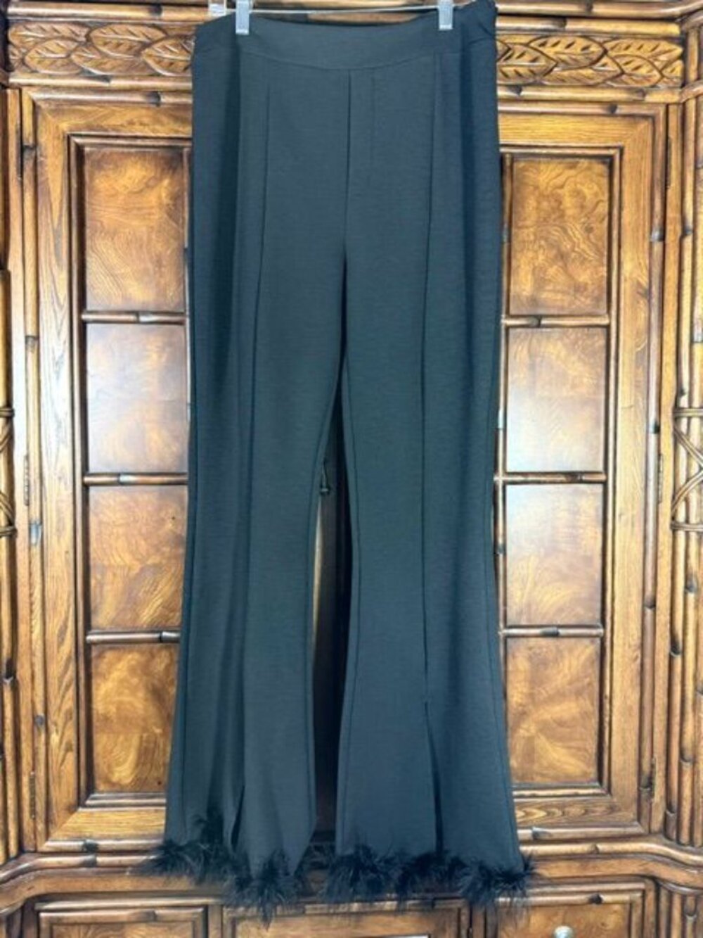 Shein Black Feather Trim Front Seam Front Slit Stretch Crepe Pant - Picture 2 of 10